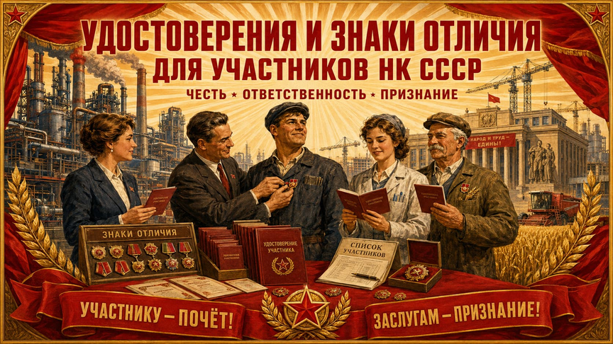 16) Удостоверения и знаки отличия для участников НК СССР